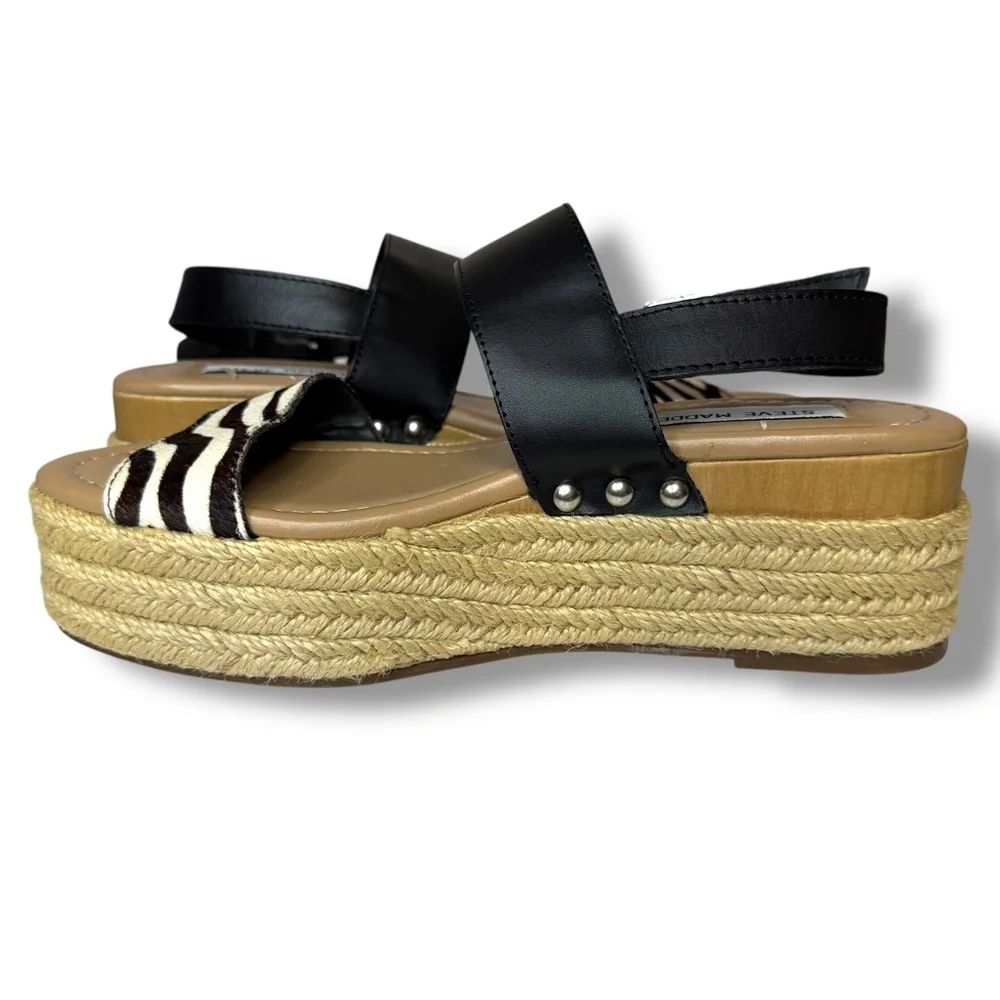 Steve Madden Fifer Espadrille Platform Wedge Sandals Black Zebra Pony Hair 7.5‎